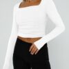 Trendy Queen Womens Long Sleeve Shirts 2024 Basic Crop Tops Fashion Slims Fitted Y2k Workout Clothes Square Neck Going Out Spring Outfits White - Image 3